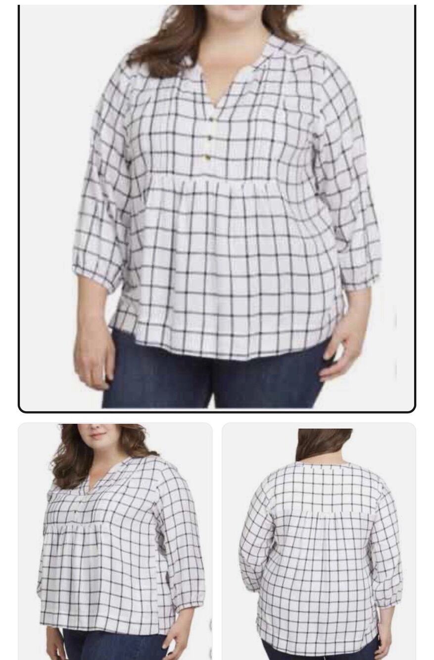 Wrangler Women's Babydoll Plaid Blouse 3/4 Elastic Cuff Sleeve White XXL NWT